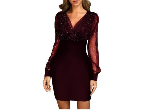 Back to school outfit Sonicelife hoco dresses  Elegant Sequins Dress Women Lace Mesh Patchwork Long Sleeve Mini Dress  V-Neck Bodycon Party Dresses Office Lady Vestidos