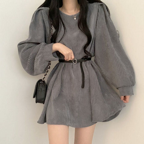 Sonicelife hoco dresses Harajuku Korean Fashion Corduroy Mini Dress with Belt (Gray)