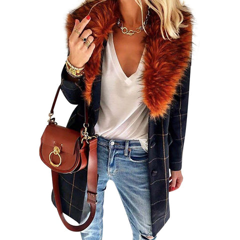 Fashion Jackets Women Coats Winter Plaid Thick Ladies Clothing Fur Hooded Button Warm Overcoat Female Warm Long Sleeve Clothes