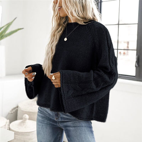 Sonicelife Women Sweater  Knitted O Neck Sweater Women Pullover Flare Sleeve Thin Sweaters Knitted Autumn Loose Solid Color Sweater