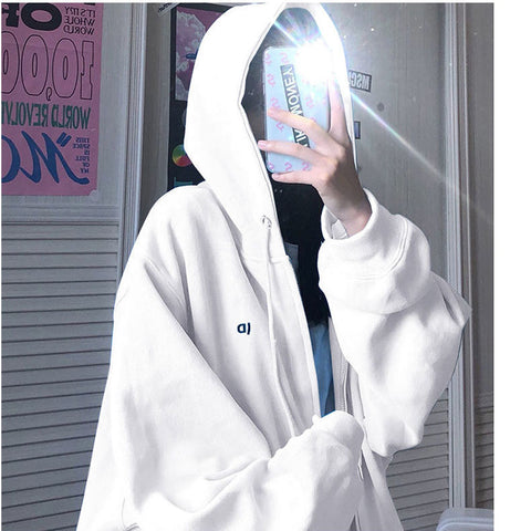 Sonicelife Letter Vintage Zip Up Streetwear Sweatshirts Women Harajuku Oversized Hoodies Thin Pockets Long Sleeve Clothes Korean Style Tops