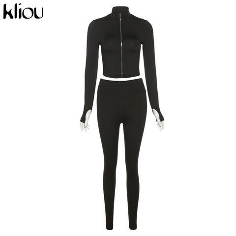 Sonicelife Kliou Solid Simple Two Piece Set Women Sheath Slim Casual Sporty Long Sleeve Zipper Top+Body-Shaping Female Activewear Outfits