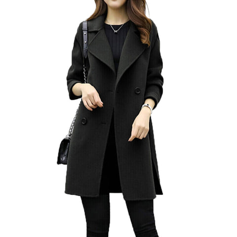 2023 new Women Jacket Autumn Winter Solid Color Lapel Double-breasted Midi Coat Woolen Outwear Lady button-down jacket
