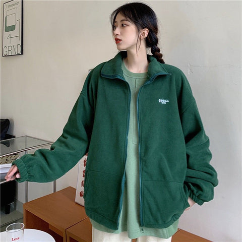 Sonicelife Harajuku Long Sleeve Oversized Hooded Sweatshirts Women Winter Vintage Clothes Woman Warm Thick Jacket Sweetshirt Zip Up Hoodies