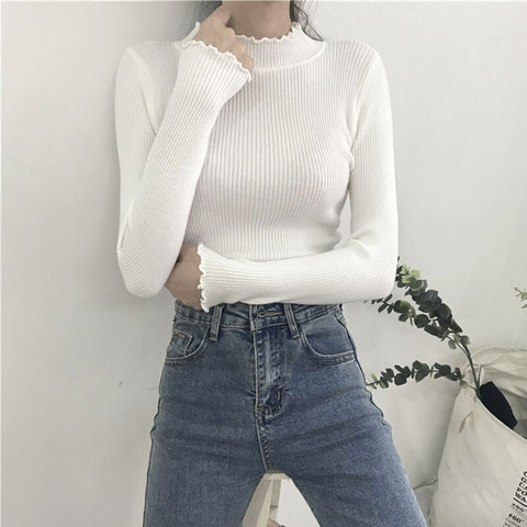 Christmas Gift Turtleneck Ruched Women Sweater High Elastic Solid 2023 Fall Winter Fashion Sweater Women Slim  Knitted Pullovers Pink White
