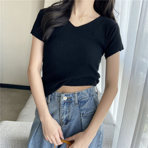 Sonicelife Christmas Gift AOSSVIAO Summer Short Sleeve Korean Style Sweater V-Neck Knitted Pullover Women Sweaters Basic Thin Tops Pull Femme Jumper 2024