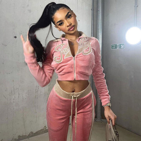 Back to school Sonicelife Women Tracksuit Embroidery Letter Velvet 2piece Set Fitness Zip Sweatshirt+Sporty Sweatpants Matching Activity Outfit