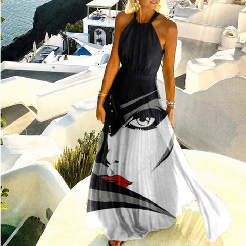 Sonicelife Summer Sleeveless Pleated Maxi Party Dress 2023 Elegant Vintage Print Lady Beach Boho Dress Women  Halter O Neck Long Dress