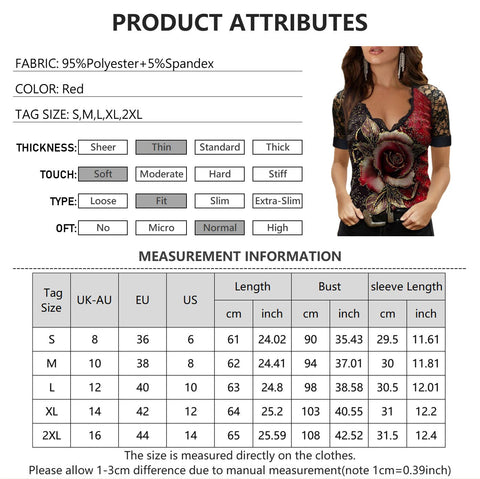 Women Rose Print T-Shirt Lace V-Neck Short Sleeve Pullover  Ladies t Shirt Party Summer Tops  Casual Top Female Tees D30