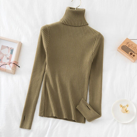 Christmas Gift 2023 Warm Thick Autumn Winter Women Sweater Pullover Basic Ribbed Sweaters Cotton Tops Knitted Solid Turtleneck With Thumb Hole