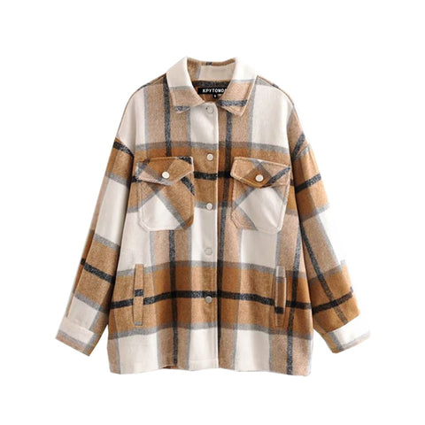 Sonicelife Vintage Stylish Pockets Oversized Plaid Jacket Coat Women 2024 Fashion Lapel Collar Long Sleeve Loose Outerwear Chic Tops