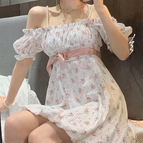 Sonicelife hoco dresses   Floral Strap Fairy Dress Women French Sweet Princess Holiday Party Dress Female  Summer Casual Beach Sexy Mini Dress Korean