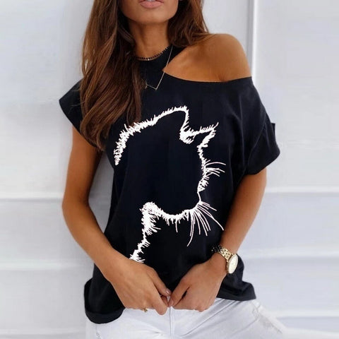 Blouse Women Elegant Fashion Short Sleeve Hollow Out Blouse Cat Cute Print One Shoulder Pullover Women Clothing Summer D30