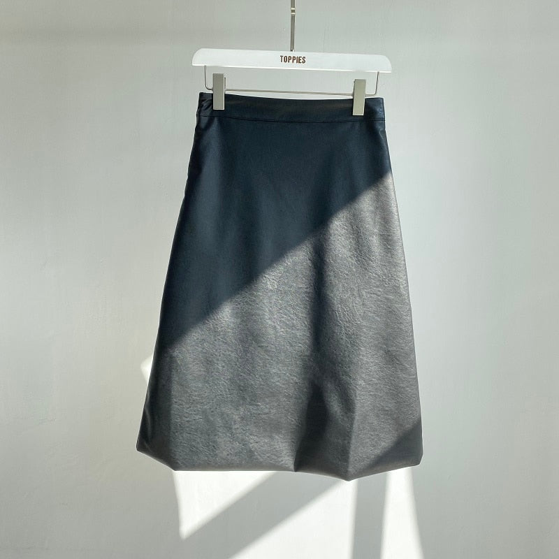 Sonicelife  2023 New Women's PU Leather Skirt Solid High Waist A-line Skirts Casual Fashion Elegant Leather faldas saia