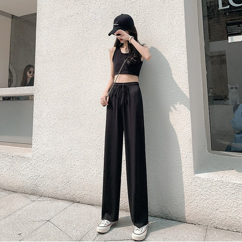 Sonicelife Wide Leg Pants Soft Comfort Casual Korean Style High Waisted Trousers Female Slacks Women's Ice Silk Straight Pants Streetwear