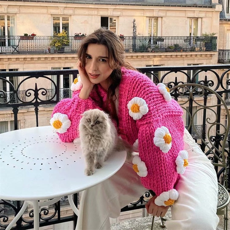 Sonicelife 2024 Women's Cardigans Multicolor Floral Knitted Decoration Long Sleeve Loose Coats Warm Sweaters 3 Colors