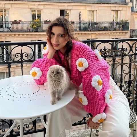 Sonicelife 2024 Women's Cardigans Multicolor Floral Knitted Decoration Long Sleeve Loose Coats Warm Sweaters 3 Colors