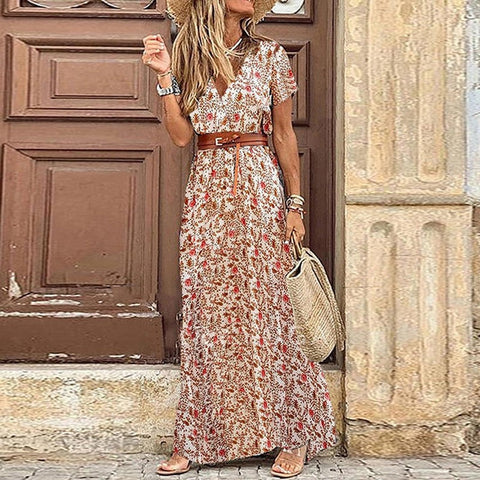 Sonicelife Back to school outfit Sonicelife  Women Floral Dress Summer Casual V Neck Short Sleeve Paisley Printed Belt Dress 2023 Ladies Beach Party Big Hem Maxi Dress