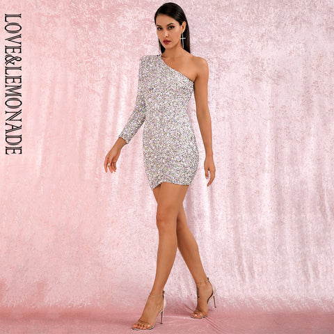 Sonicelife hoco dresses LOVE&LEMONADE  One Shoulder Bodycon Silver Colorful Sequins Party Mini Long Sleeve Dress LM82093