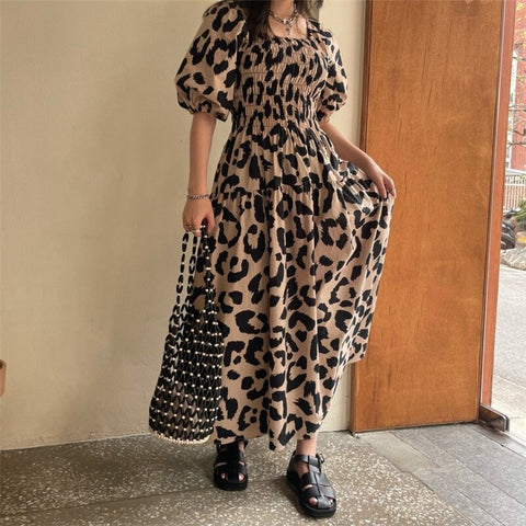 Sonicelife Christmas Gift Summer new leopard print women dress One word collar commuter fashion dresses Puff sleeve dresses for women 2024