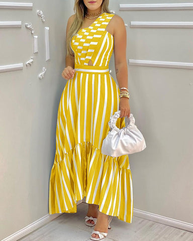 Summer Elegant One Shoulder Striped Colorblock Sleeveless Asymmetric High Waist Casual Maxi Dresses Fashion  Skinny Robes
