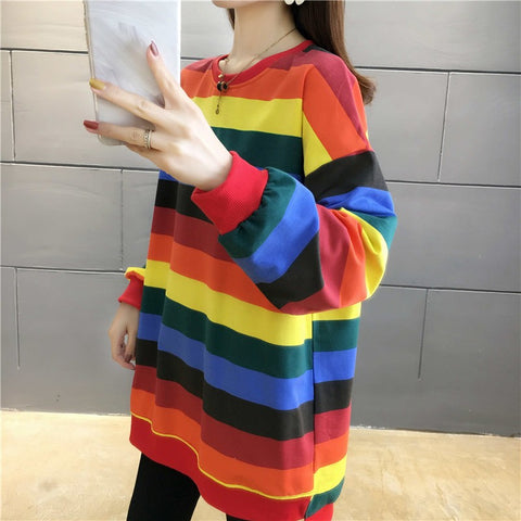 Sonicelife Fashion Rainbow Color Sweatshirt Hoodies Women 2024 Loose Long Sleeve Pullover Female Spring Autumn Oversized Harajuku Striped