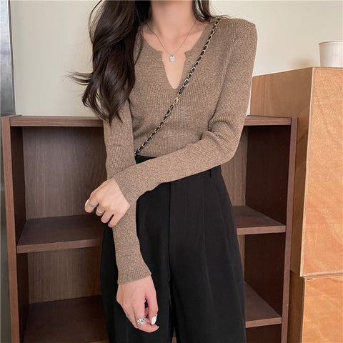 Christmas Gift AOSSVIAO 2023 Hot Sales New Autumn Winter Women Basic Wear Loose Casual V Neck Solid Color Knit Pullovers Tops Sweaters