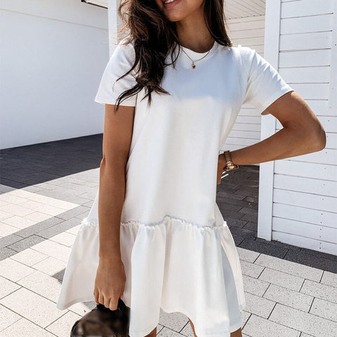 Sonicelife hoco dresses Loose Casual Short Sleeve Mini Dress Women 2024  Summer O-neck White Black Ruffles Big Hem Beach Dresses For Woman Femme Robe 0629