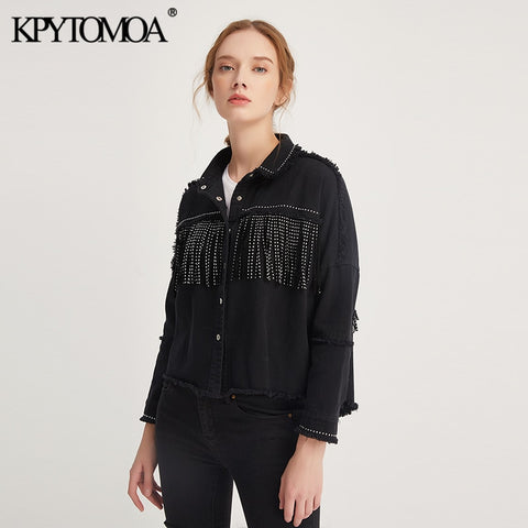 KPYTOMOA Women Fashion Tassel Beaded Oversized Denim Jacket Coat Women Vintage Long Sleeve Frayed Hem Female Outerwear Chic Tops