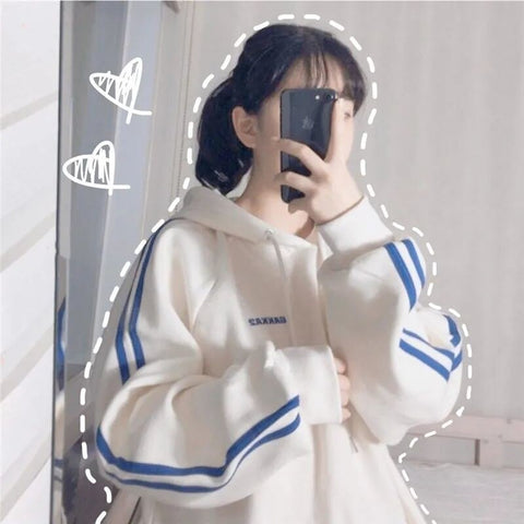 Sonicelife S-3XL Harajuku Women's Hoodie Japanese Letters Hoodies College Loose Plus Size Fleece Pullover Girls Student Sweatshirt Jackets