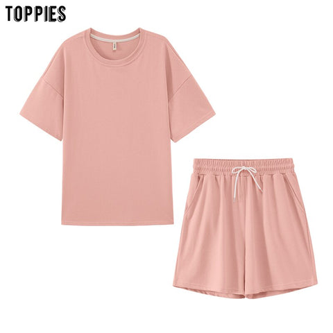Toppies Summer Tracksuits Womens Two Peices Set Leisure Outfits Cotton Oversized T-shirts High Waist Shorts Candy Color Clothing