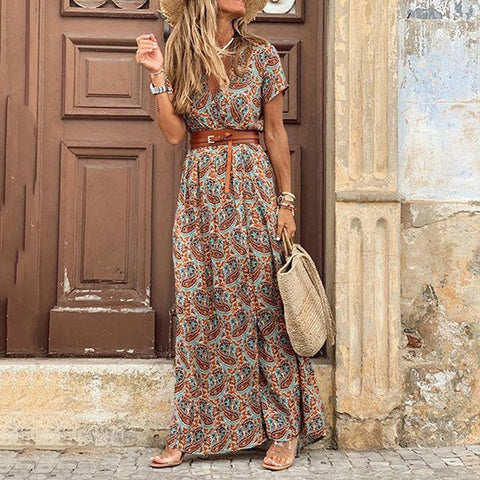 Sonicelife Back to school outfit Sonicelife  Women Floral Dress Summer Casual V Neck Short Sleeve Paisley Printed Belt Dress 2023 Ladies Beach Party Big Hem Maxi Dress