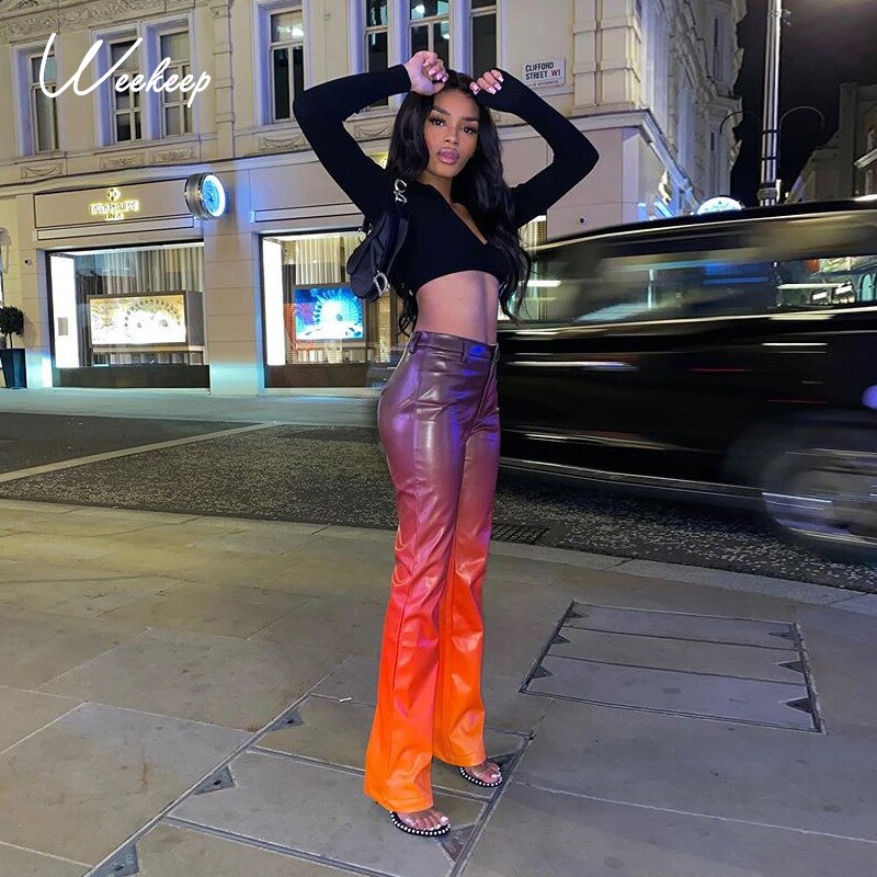 Sonicelife Weekeep Gradient Color Tie Dye Faux PU Leather Pants Women 90s Retro Streetwear Straight Pants Jogger High Waist Aesthetic Pants