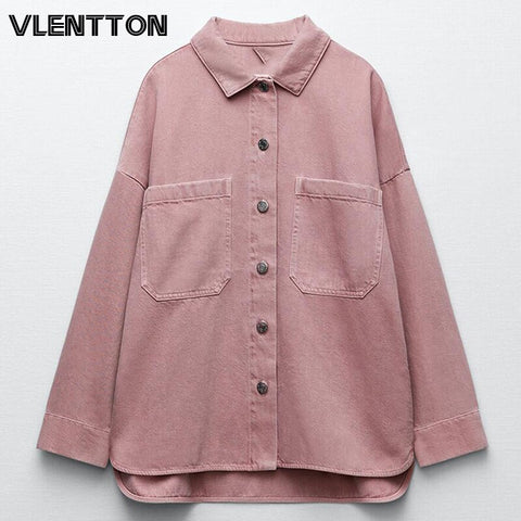New Spring Autumn Women Fashion Pocket Pink Denim Shirt Jacket Coat Female Vintage Long Sleeve Lapel Buttons Jean Outerwear Tops