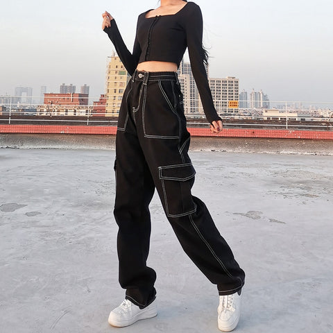 Sonicelife Weekeep Pockets Patchwork Baggy Jeans Fashion Streetwear 100% Cotton Women Denim Trouser Loose Cargo Pants Korean Jeans Harajuku