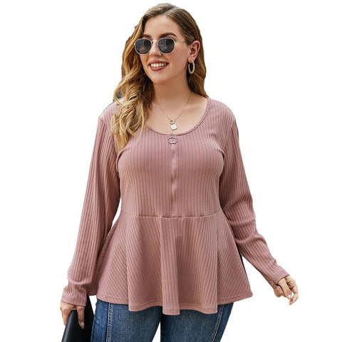 Sonicelife Sale Plus Size 4XL Women Solid Pullover Round Neck Zipper Ruffle Blouse Hem Patchwork Long Sleeve Tunic Shirt Loose Tops D30