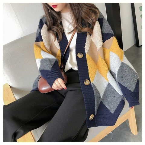 Sonicelife Knitted Cardigan for Women 2024 Korean Fashion Elegant Casual Plaid V-Neck Sweater Women's Knitted Jacket Sweaters Oversize