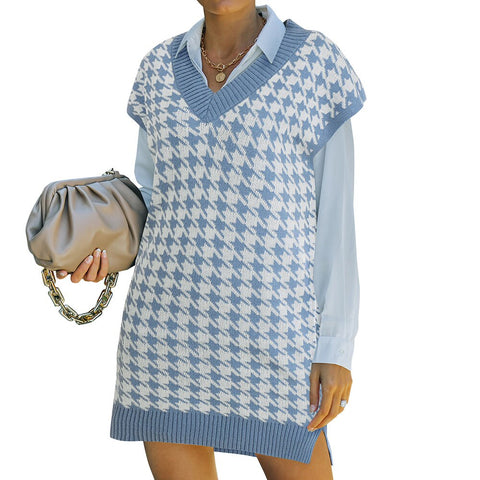 Sonicelife Women Houndstooth Sweater Vest Vintage V Neck Sleeveless Pullover Loose Chic Knitwear Plaid Spring Autumn Office Ladies Tank Top
