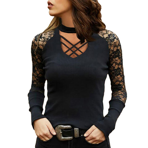 Sonicelife Women  Tops New Slim Fit Tops Lace Long Sleeve Casual Shirt Halter Hollow Out  Cross U Neck Feminine Hollow Out Clothes