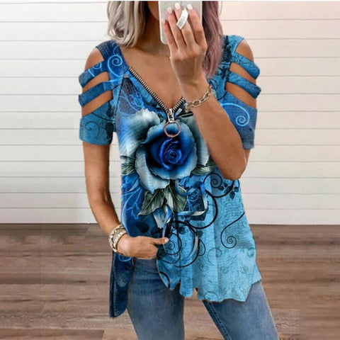 Women's T-Shirt Summer Fashion Floral Print  V-Neck Zipper Tshirt Hollow Out Sleeve Pullover Casual Ladies Top Tee Shirt D30