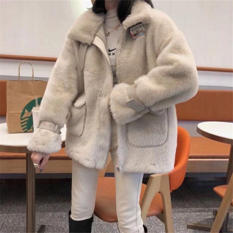 Sonicelife Women's winter Faux Fur Coat White Loose Mink Fur Trench Jacket women 2024 Korean Zipper Plush Thick Rabbit imitation fur Coat