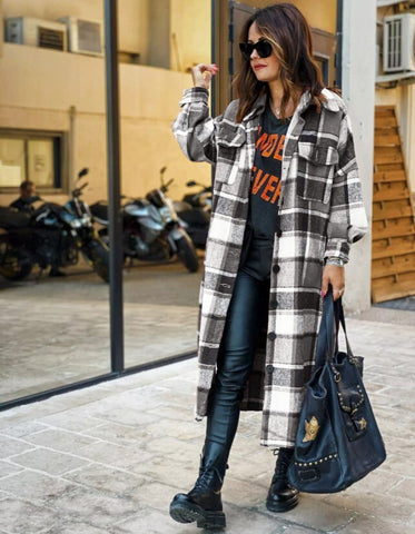 Sonicelife Women's Fashion Long Plaid Coat Autumn Shirt Coat Woolen Coat Streetwear Women Clothing Loose Coat Female Casual Jacket