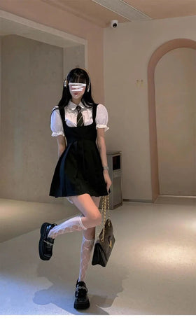 Sonicelife Harajuku Korean Fashion Preppy Dark Academia Aesthetic Shirt Pinafore Dress Set (Tie Included)