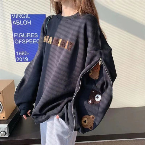 Sonicelife Embroidery Oversized Pullover Women Couple Harajuku Hoodies Winter Fleece Long Sleeve Sweatshirts Loose Casual Jacket Warm Tops