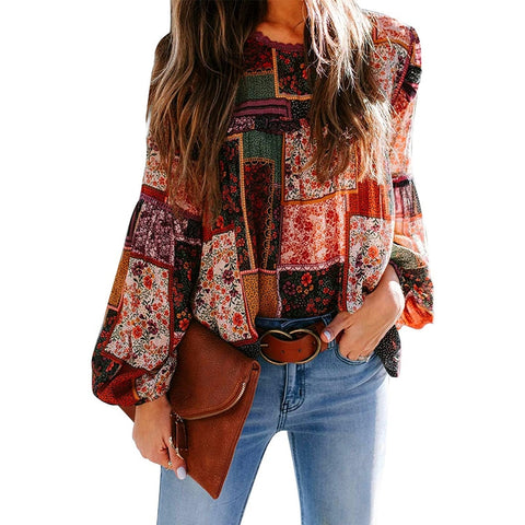 Sonicelife  Women Print Bohemian Blouse Casual Tops O Neck Long Puff Sleeves Loose Pullover Office Lady Tee Beach Party Boho Blouses