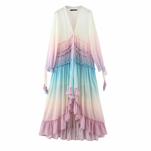 Sonicelife Chic Rainbow High Low Dress Women V-Neck Tiered Ruffle Trim Summer Dresses Casual Beach Boho Dress Chiffon Long Vestidos