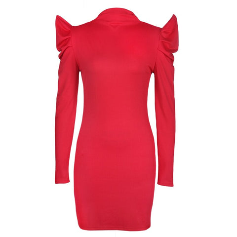 Sonicelife  Mini Dress Women 2023 Casual vintage Office Bodycon Dresses Knitted Elegant Tight Party Club Dress Puff Sleeve Vestdios Red