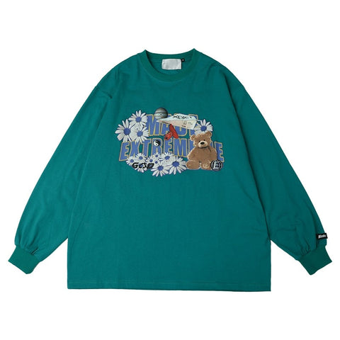 Sonicelife Vintage Couple Sweatshirt Women Floral Bear Loose Casual Long Sleeve Hoodies Oversized Streetwear Crew Collar Harajuku Top Cloth