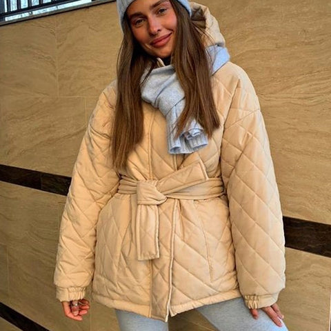 CP Casual Loose Arygle Hooded Parkas Women Fashion Solid Thick Short Coats Women Elegant Tie Belt Cotton Jackets Female Ladies