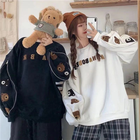 Sonicelife Embroidery Oversized Pullover Women Couple Harajuku Hoodies Winter Fleece Long Sleeve Sweatshirts Loose Casual Jacket Warm Tops